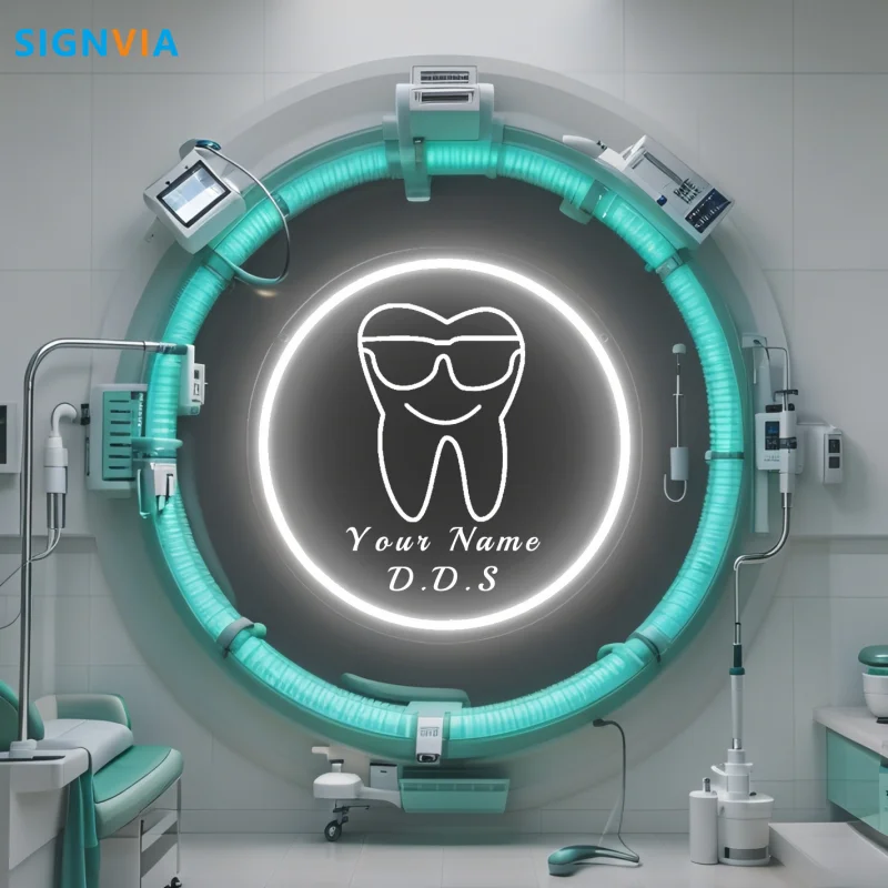 Custom Neon LED Tooth Sign with Glasses USB-Powered Wall Decor for Dental Parties Personalized Name White Light Circular Decor