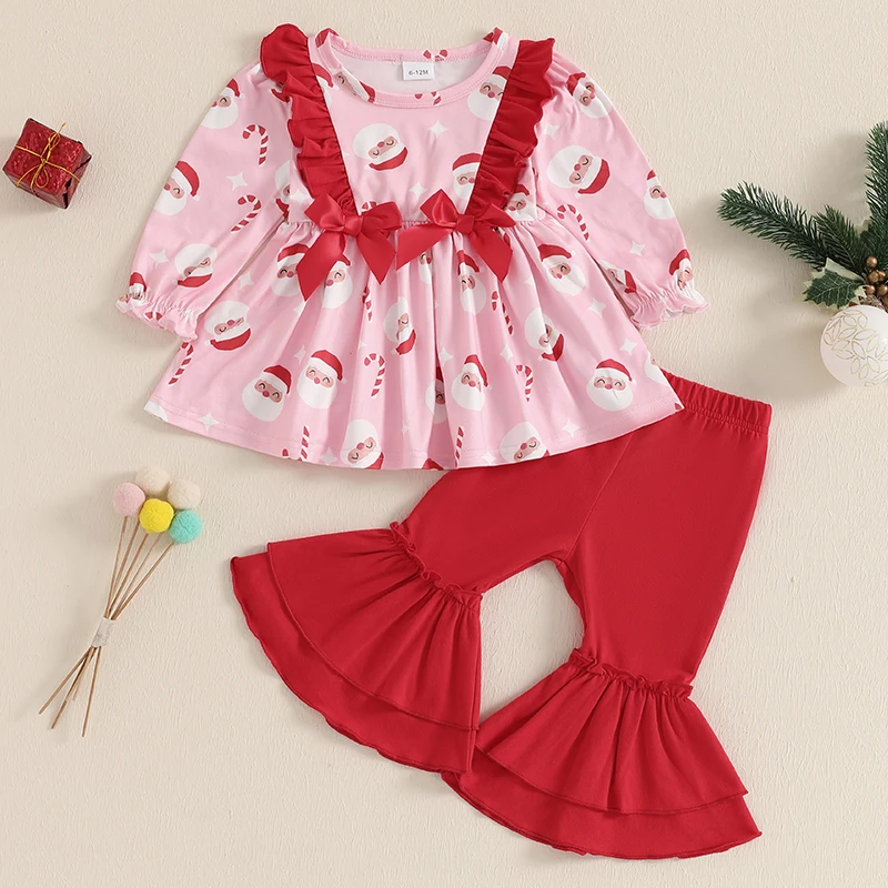 6M-4Y Toddler Girl Christmas 2Piece Outfits Set Santa Claus/Gingerbread man Print Ruffled Long Sleeve Tops + Solid Flare Pants