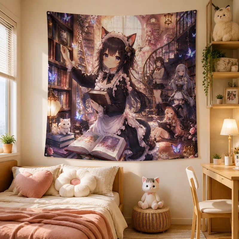 VIKAMA “Magic Library” Cat-Eared Maid Anime Tapestry, “Dreamy Bookstore” Butterfly and Cat Wall Hanging, Home Decor