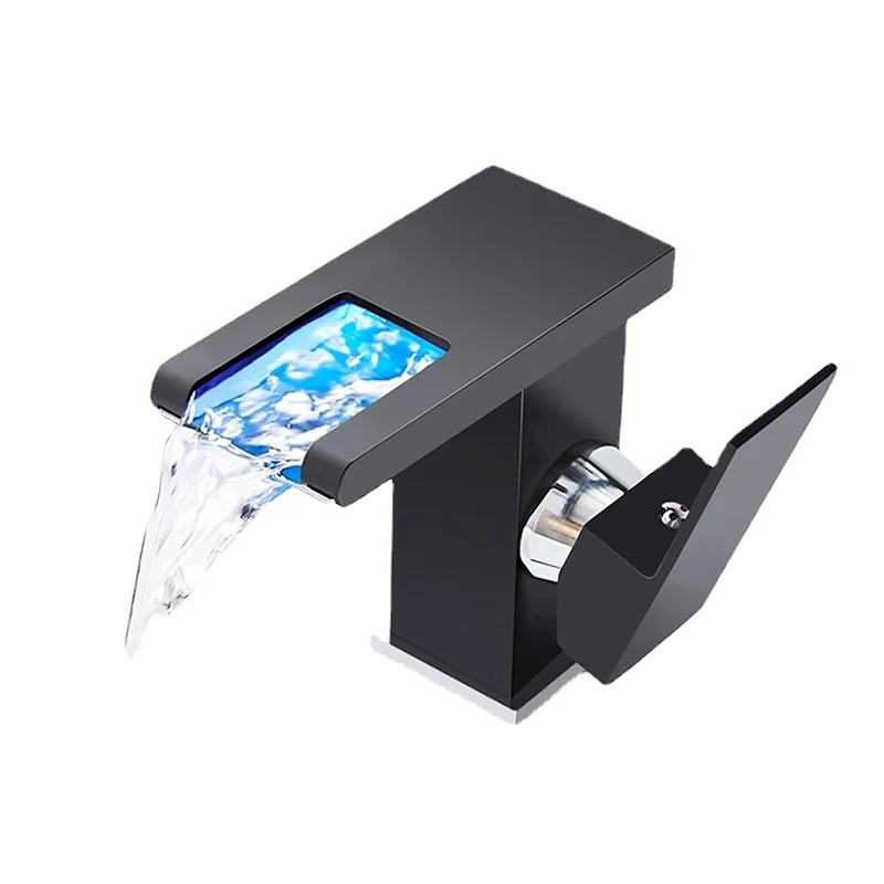 

Waterfall Hot and Cold Mixing Faucet Changes with Temperature LED Three Colors Bathroom Sink Faucet LED Matte Black