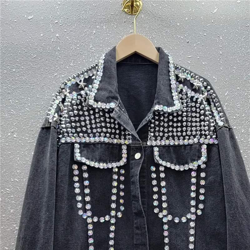 Thailand Tide Brand 2023 Autumn New Heavy Industry Diamond Beads Loose and Thin Lapel Denim Short Jacket Women's Cross-border