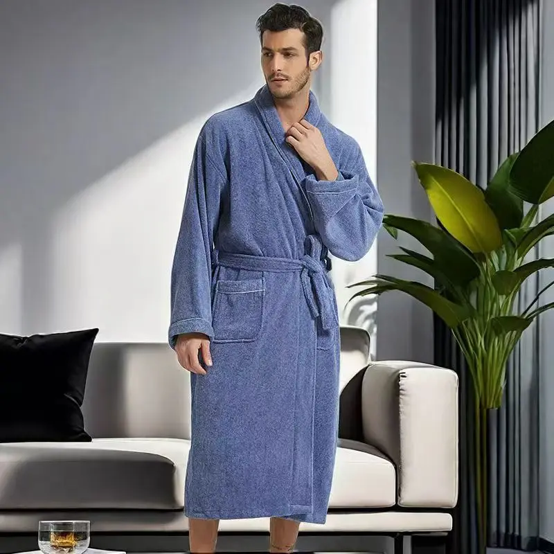 Long Sleeve Pockets Belt Embroidery Print Towel Bathrobe Men Winter Warm Lapel Double Sided Fleece Nightgown Home Wear