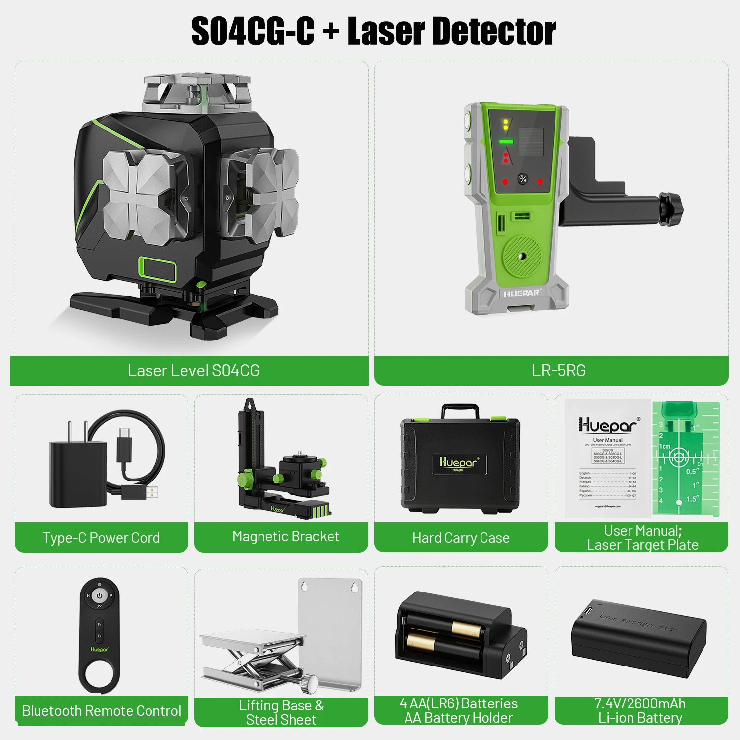 Huepar S04CG-C 4D groene laserniveau Zelfnivellerende kruislijnlasergereedschappen met detector, LCD-scherm, afstandsbediening, Bluetooth en beugel
