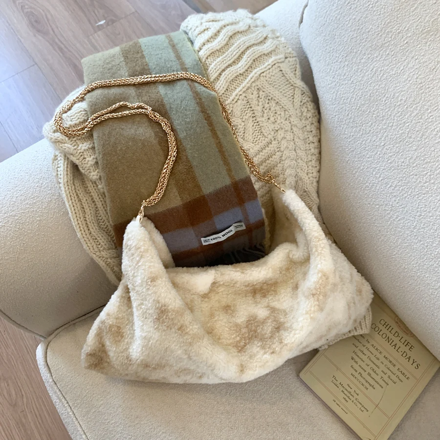 

Зимняя сумка из искусственного меха в стиле ретро и универсальная женская высококачественная сумка на плечо с цепочкой и меховой подкладкой для пельменей ленивого стиля