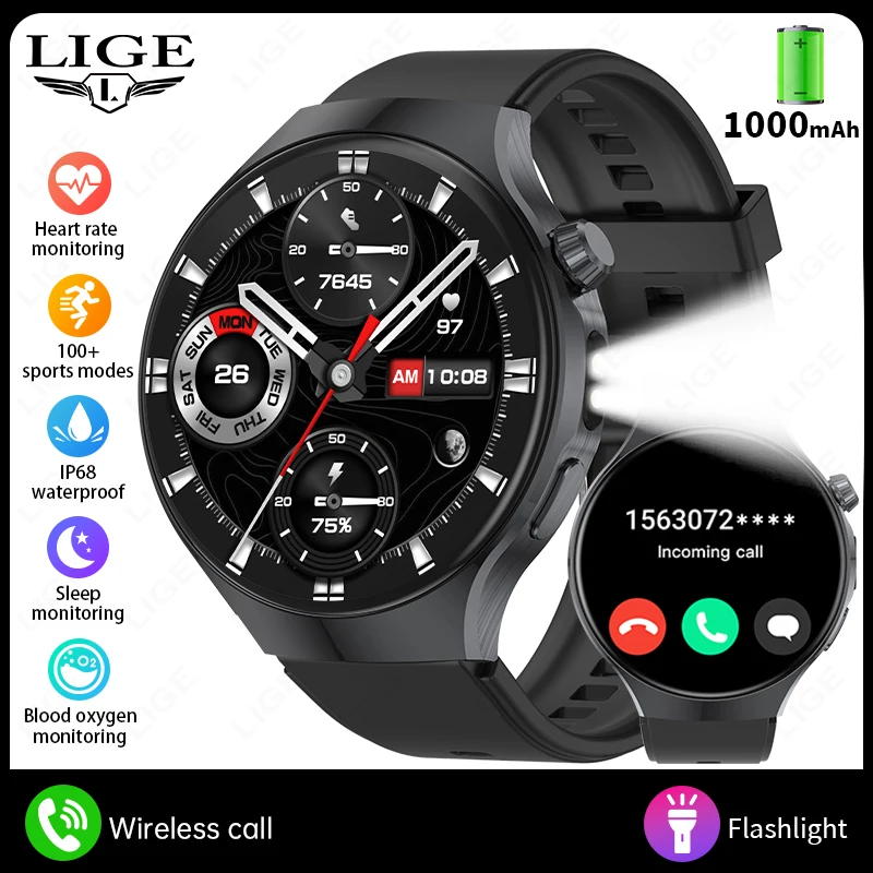 

LIGE New Men's Smart Watches 1000mAh Battery Waterproof 1.67" HD Screen Bluetooth Call Flashlight Sports Fitness Smart Bracelet