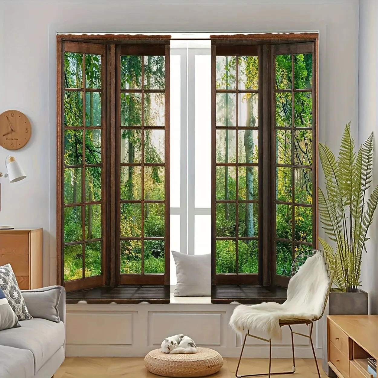 2pcs- Simulated wooden frame garden printed curtains, pole bag curtains 42*84, bedroom, living room, home room decoration