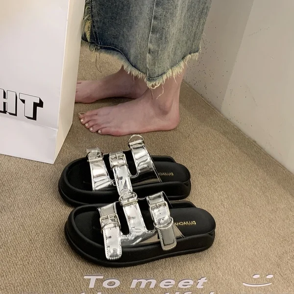 Women\'s Shoes Silver Female Slippers Slides Platform Fashion Med 2024 Summer Beach Flat Luxury Rome Scandals PU Shoes Slippers C