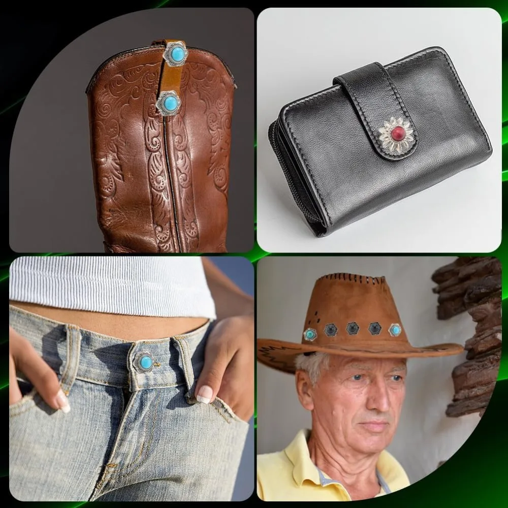 24 Sets 8 Styles Western Screw Back Buttons 13mm Conchos Turquoise Cowboy Vintage Flower Decorative Leather Buckles Natural