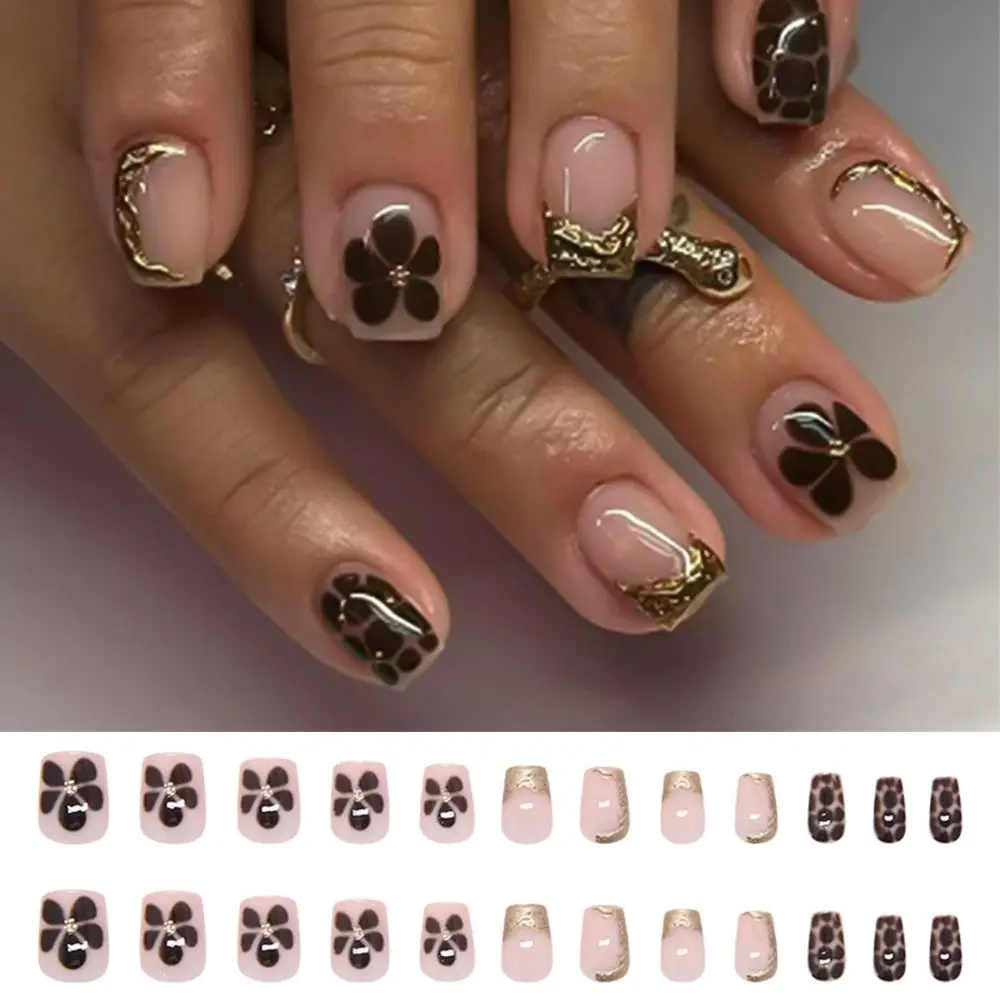 

24pcs New Short Ballerina False Nails Metallic Irregular Flowers French Fake Nails Detachable Full Cover Nail Tips DIY