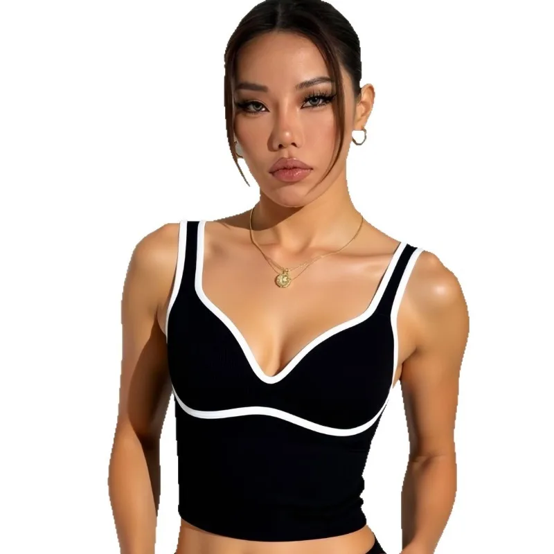 Damski top do jogi z blokami kolorów, stanik typu racerback z wbudowanym biustonoszem, odporny na wstrząsy, do biegania, na siłownię, bokserka, biały brzeg, modny, casualowy biustonosz do jogi.