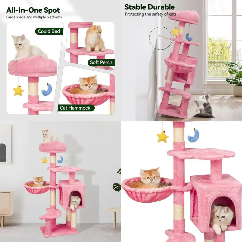 

Pink 43 Kitten Cloud Tree with Scratching Post, Double Beds, Hammock, and Toys for Cats Up to 9lbs