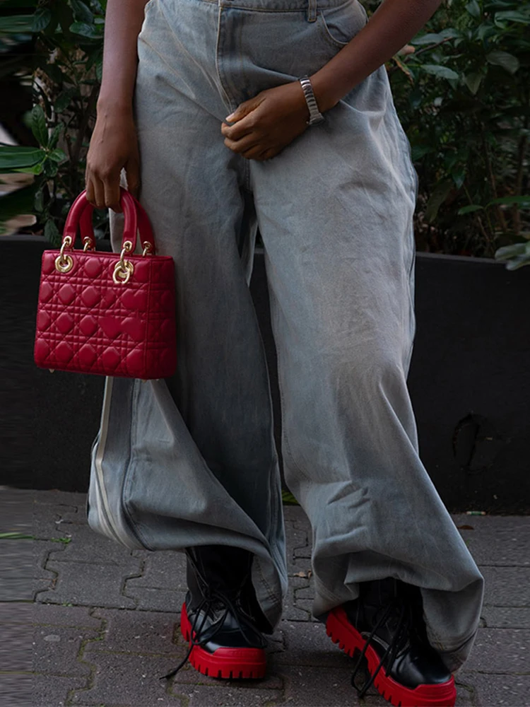 

Полосатые свободные длинные джинсы для женщин, высокая талия, молния, карманы на пуговицах, широкие брюки, лето 2024, модные женские повседневные брюки