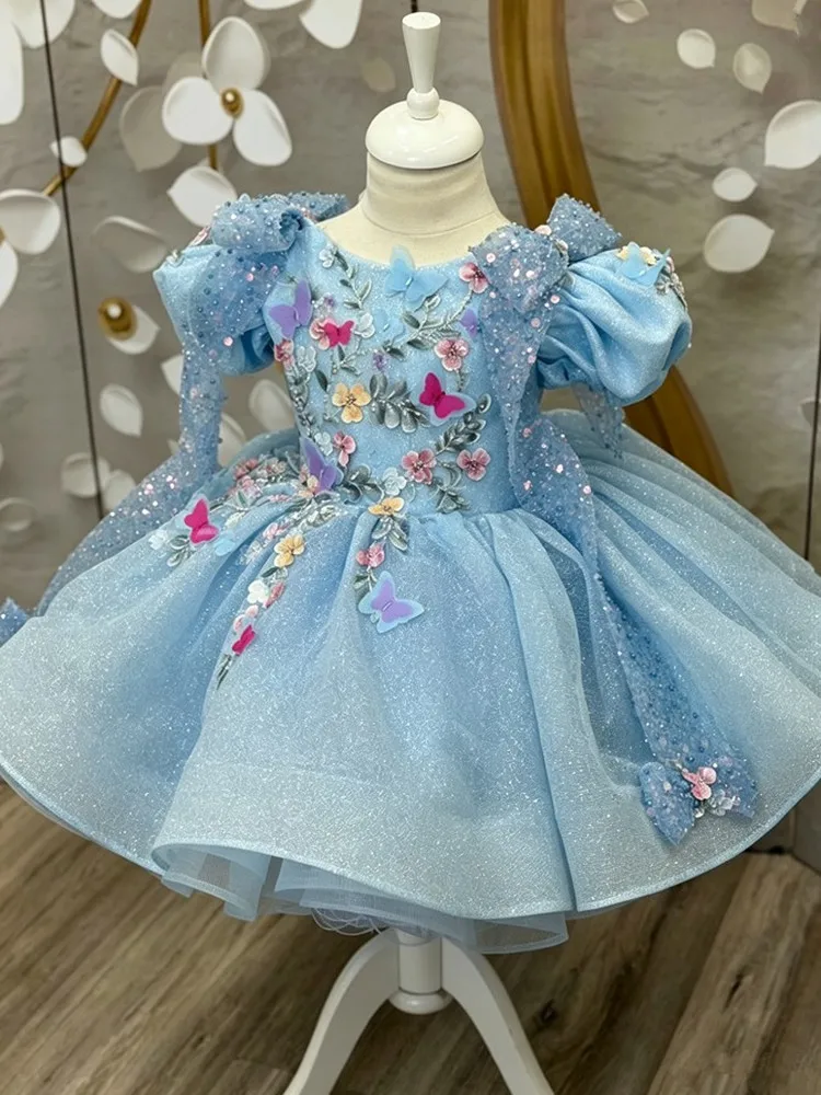 Blaues Prinzessinnenkleid für Mädchen mit 3D-Schmetterlings- und Blumenapplikationen, Puffärmeln, Tüllrock, Kindergeburtstag, Hochzeit, Party, Festzug, Kostüm A5127 – Detail 6