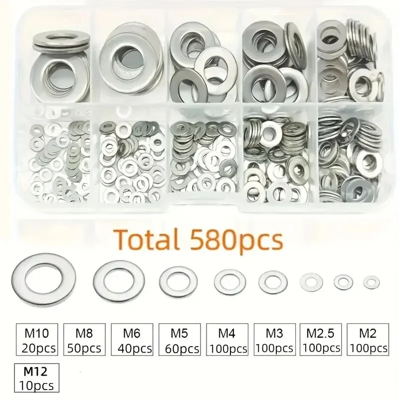 360/580pcs 304 Stainless Steel Flat Washers Set, Perfect For Home Decor, Factory Repair, Kitchens, Shops & More