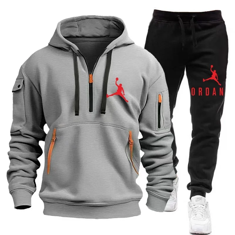 2024 NEW Autumn and Winter men's fashion zipper hoodie + jogging pants two-piece leisure fitness high quality sportswear suit