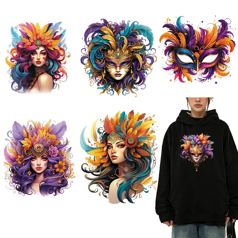 Carnival Tuesday Masked Ball DTF Thermo Sticker Decals Heat Transfer On Clothes Iron On Patch For Hoodies Press Printing