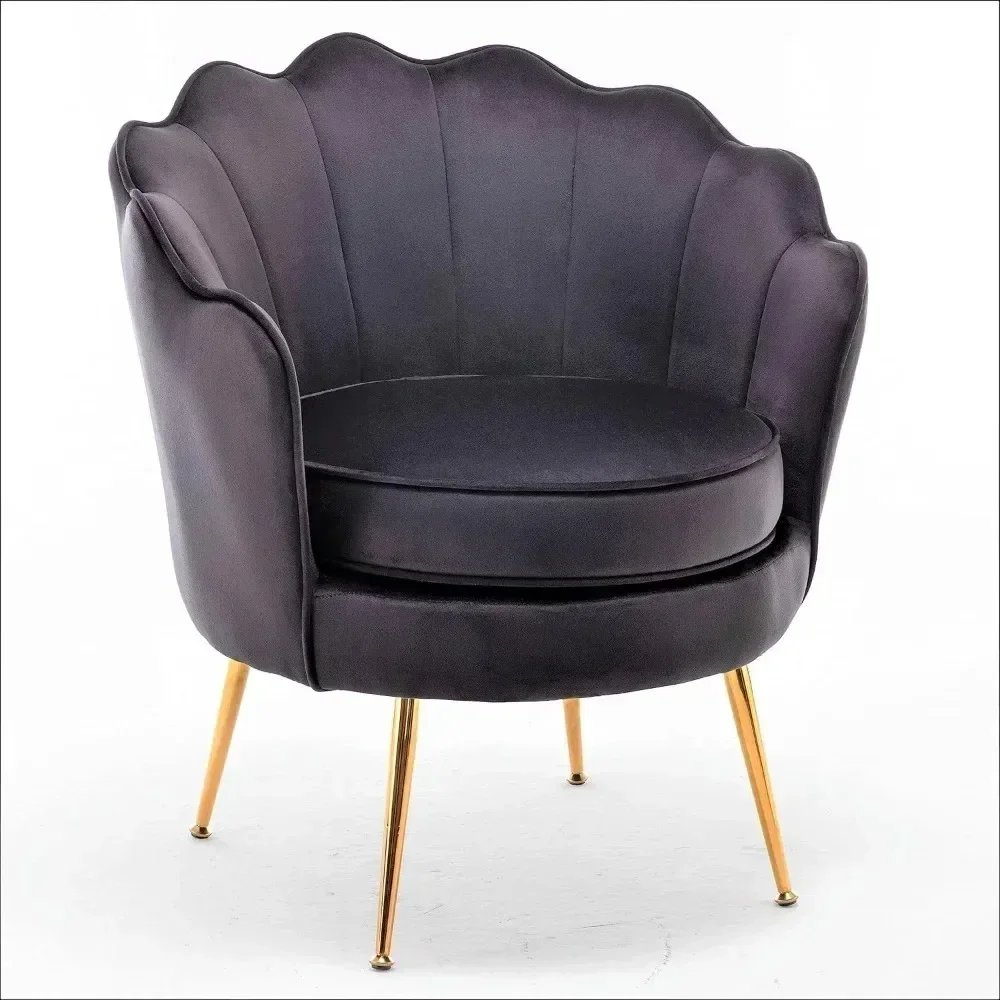 Furniture Direct Velvet Barrel Accent Chair With Scalloped Silhouette and Gold Metal Legs Chairs for Living Room Furniture Black