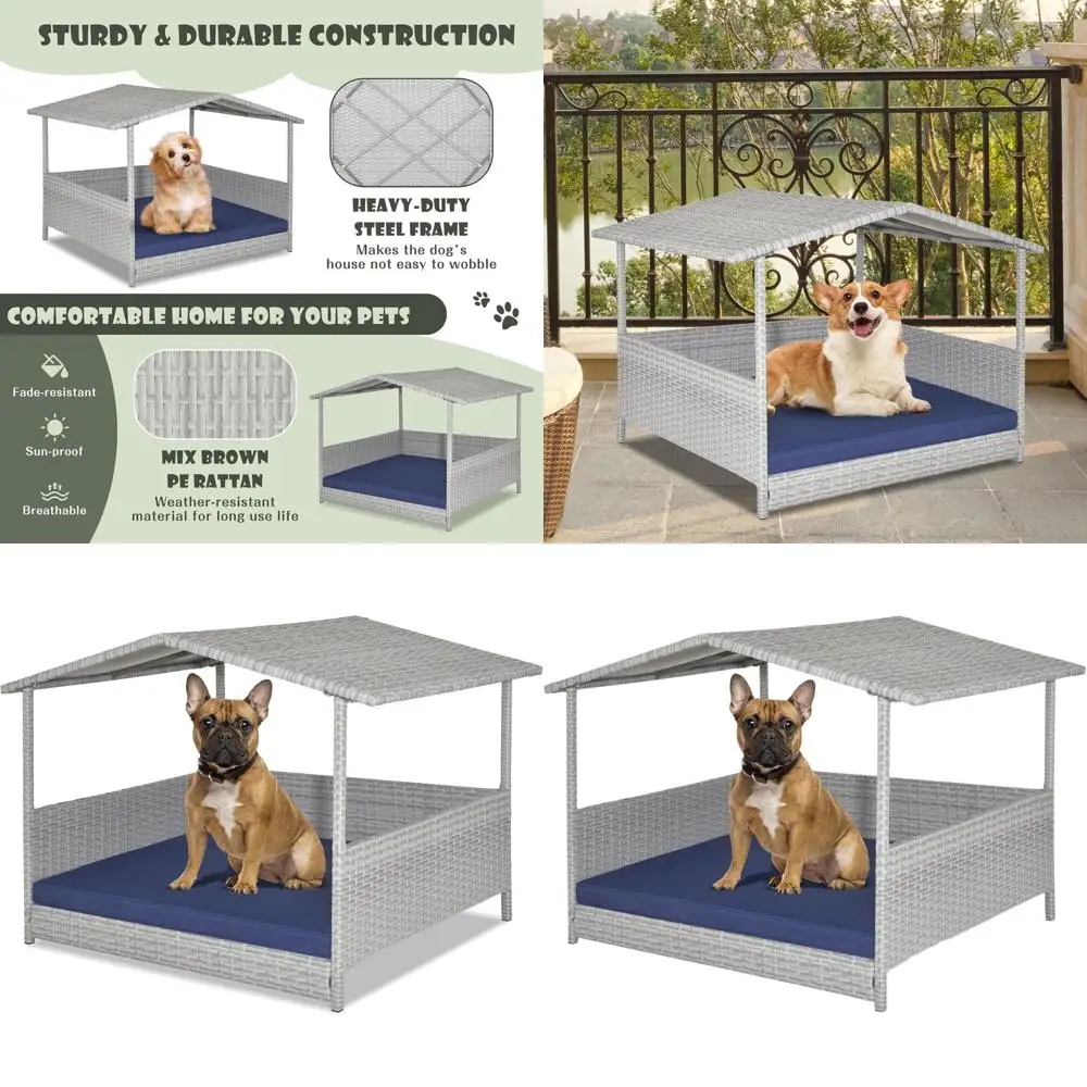 

Подъемная лежанка для собак из ротанга с водонепроницаемой крышей, съемным чехлом, стальным каркасом, подходит для собак и кошек малых и средних пород, для использования в помещении/на улице