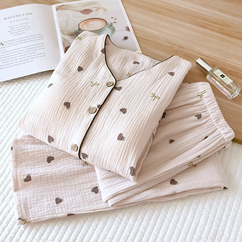 

Pure Cotton Home Suit For Women Nightwear Pants Sets Spring New Long Sleeve V-Neck Sleepwear Women's Pajamas Pyjamas