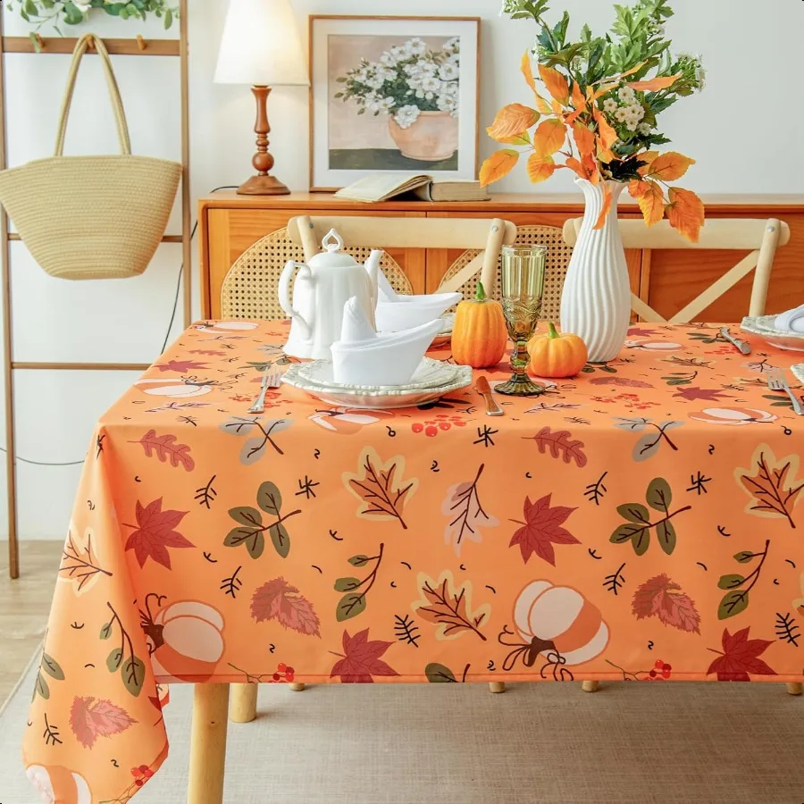 

Thanksgiving Waterproof Tablecloth Fall Harvest Pumpkins Maple Leaves Berries Print Autumn Rec Table Cover for Dining or Party