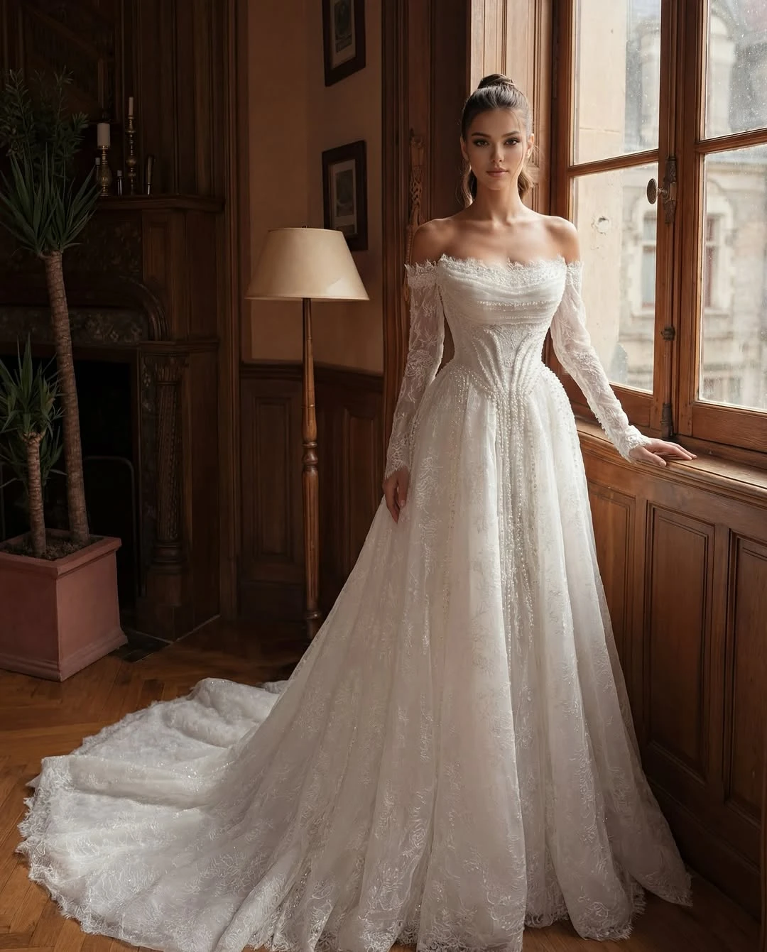 Romantic A Line Women Wedding Dress Strapless Removable Sleeves Bridal Gowns Pearls Beaded Lace Sweep Train Dress Custom Made