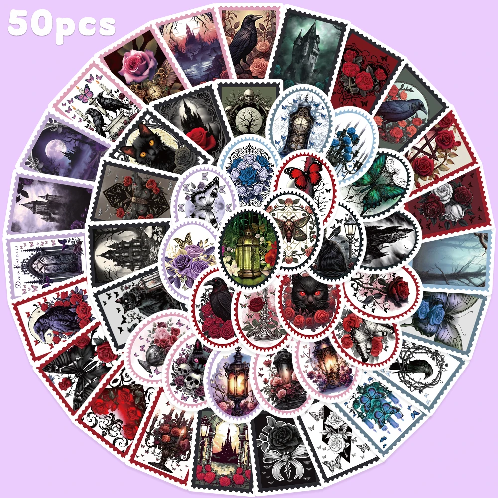50pcs Retro Gothic Style Stamp Sticker Fashion Cool Decal For Laptop Luggage Computer Scrapbook Phone DIY Decoration Sticker