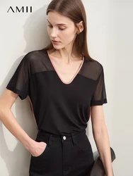 Amii Minimalism Women T-shirts 2024 Summer New Contrast Stitching V-neck Spliced Mesh Female Slim Short-sleeve Blouses 12442230