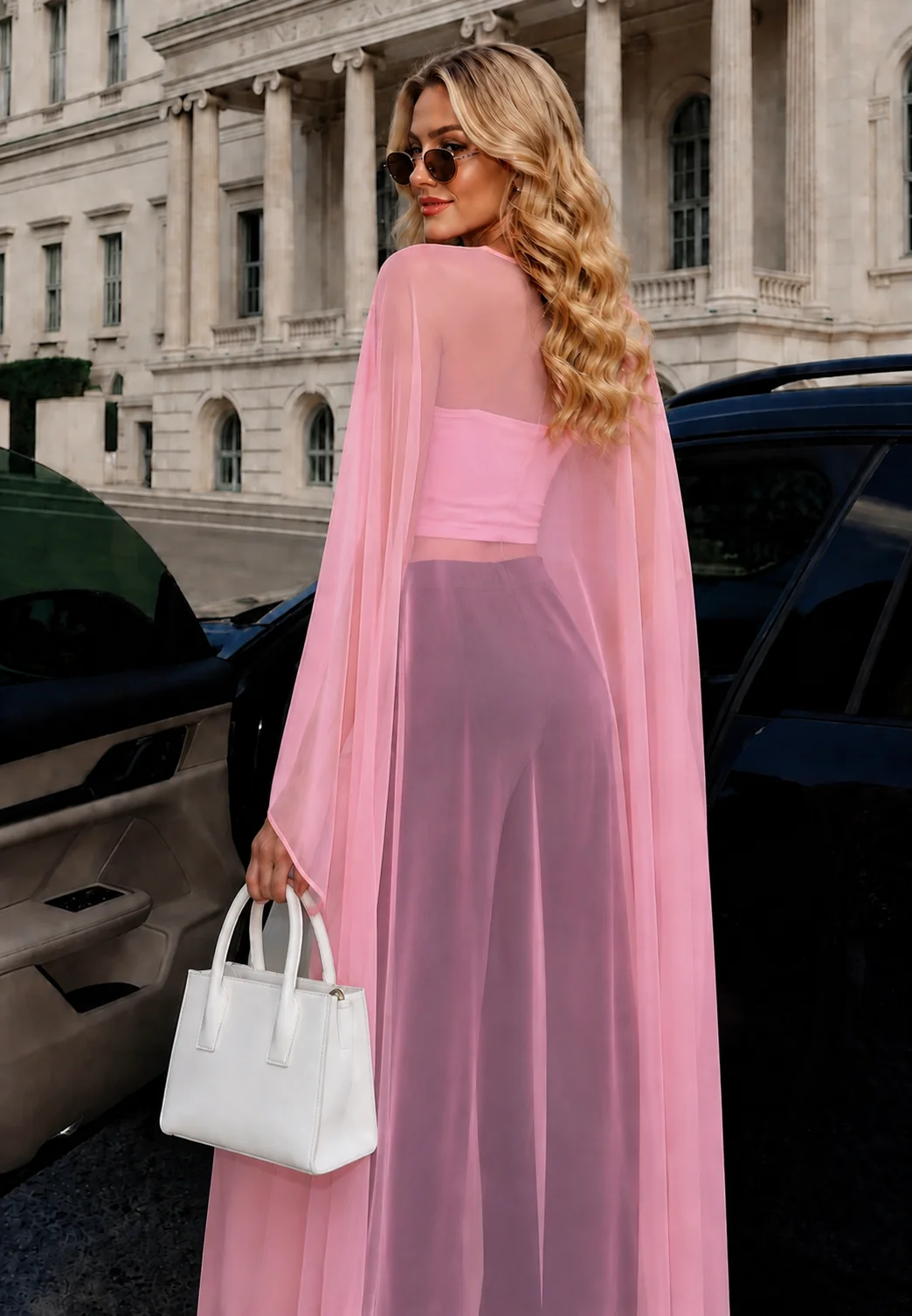Elegant Chiffon Cape Top Sheer Overlay Crew Neck Draped Cape Sleeve Blouse Party Evening Long Layering Asymmetrical Poncho Top