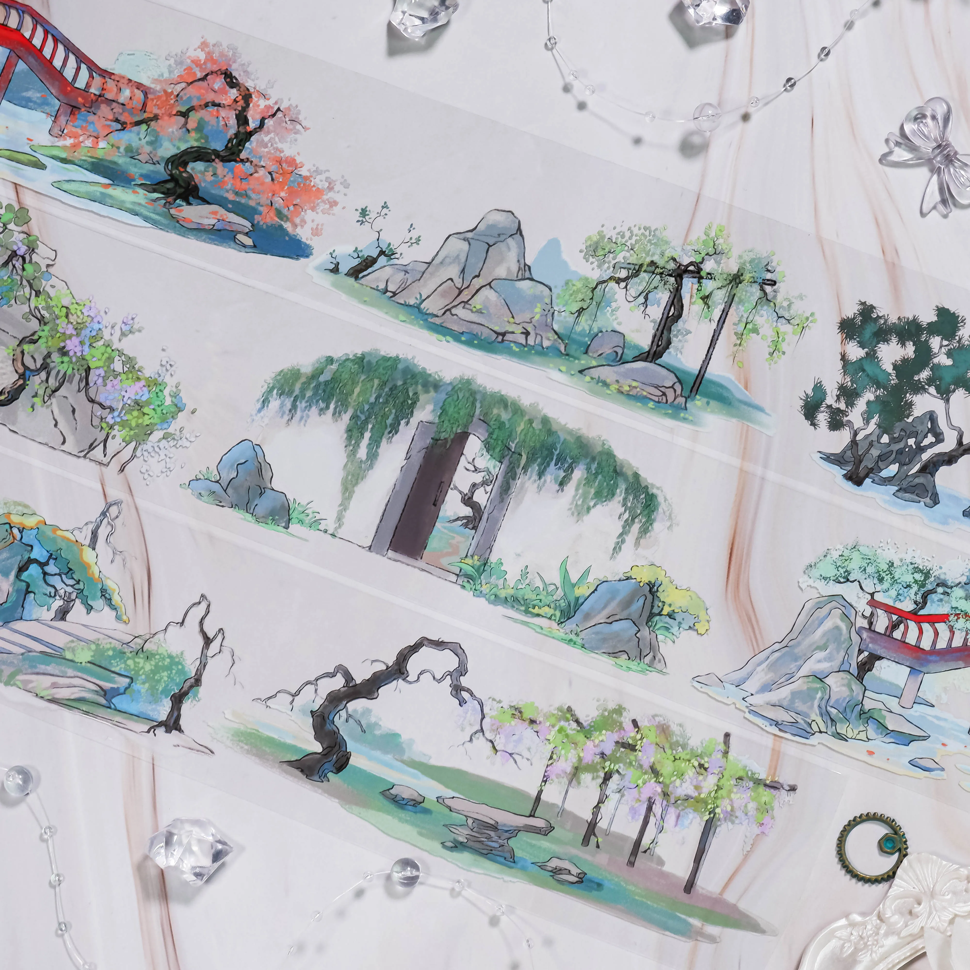 Spring Tape In The Garden PET Garden Landscaping Bridge Dead Tree Pond National Wind Collage Card Diy