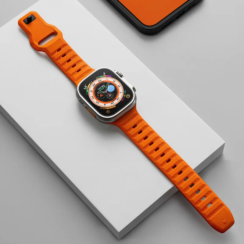 Orange Sports Band For Apple Watch Ultra 49mm 8 7 45mm Fluororubber FKM fluoroelastomer with a pin‑and‑tuck closure accessories