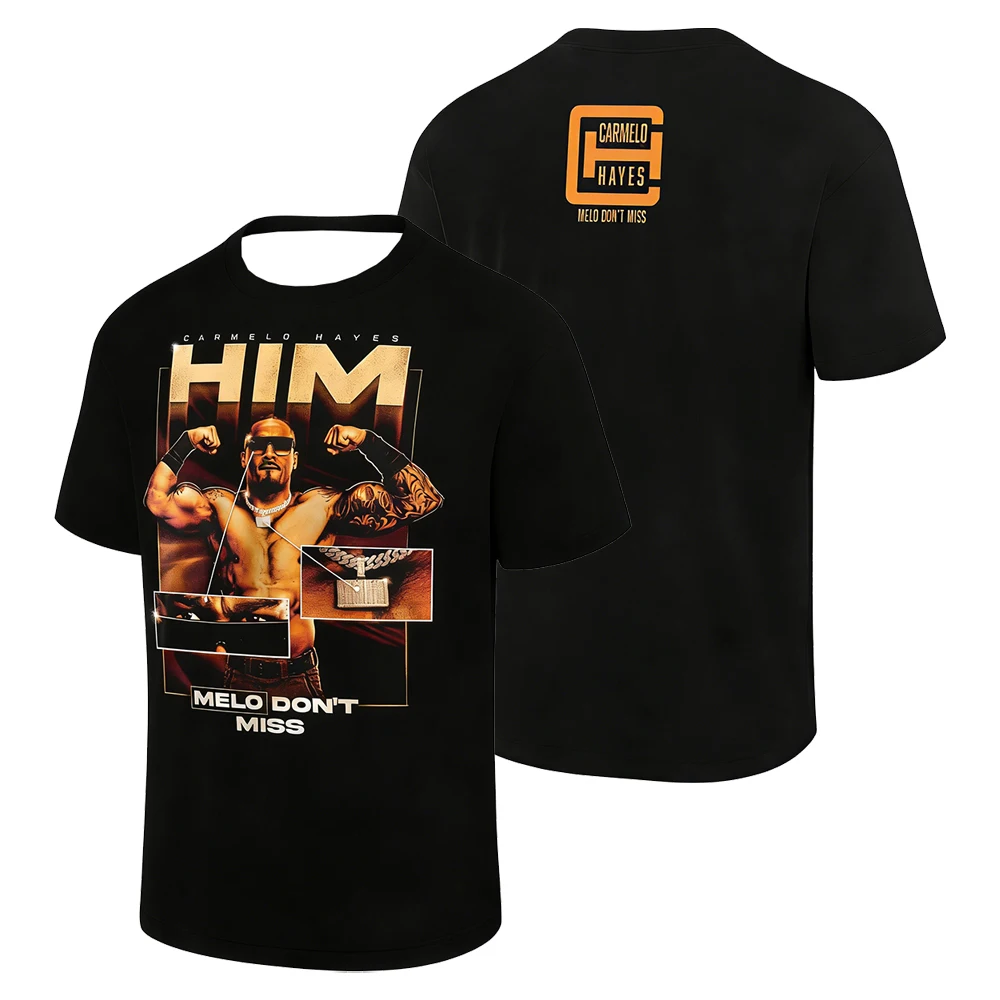 Camiseta Boxy Masculina Preta Carmelo Hayes com Estampa, Gola Redonda, Manga Curta, Poliéster, Camiseta Preta para Homens e Mulheres, Roupas Esportivas para Atividades ao Ar Livre