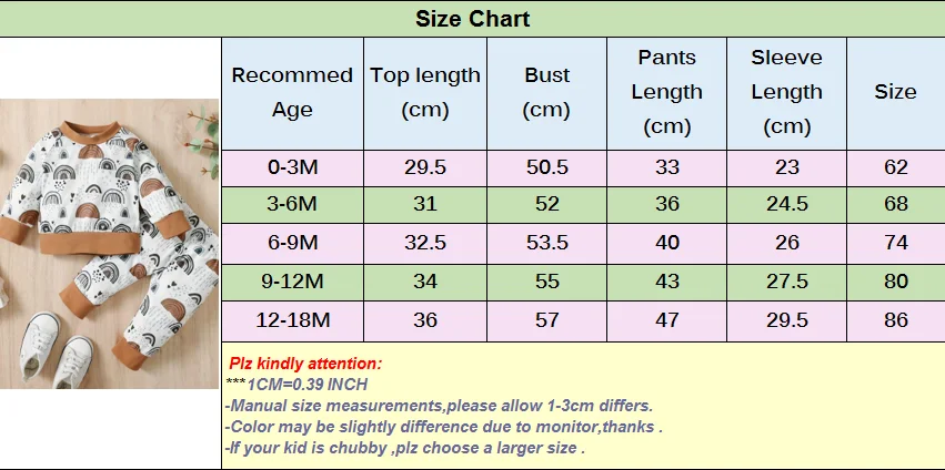 0-18 Months Newborn Baby Boy&Girl 2PCS Clothing Set Rainbow Print/Stripe Long Sleeve Sweater+Pants Autumn&Winter Lovely Outfit
