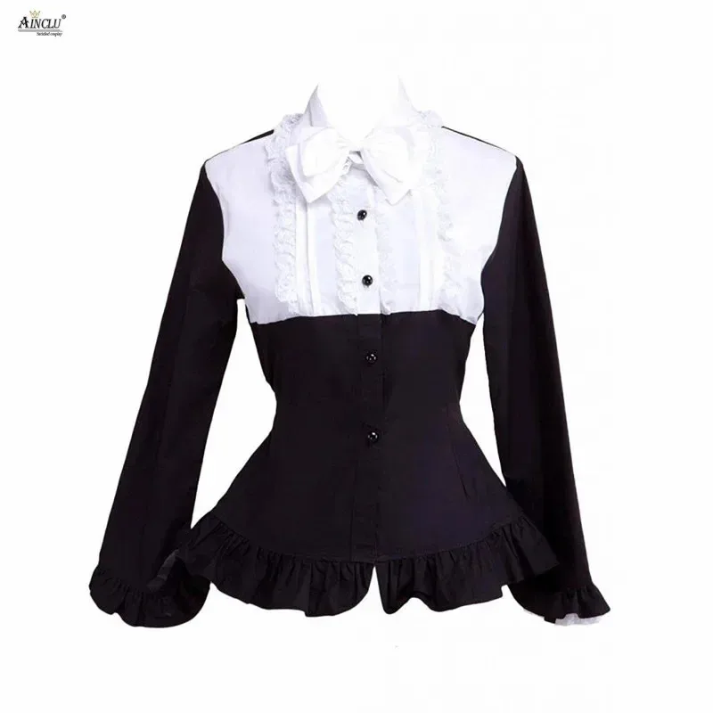 

Женская привлекательная черно-белая блузка в стиле Лолиты с длинными рукавами и длинными рукавами Ainclu, хлопковая блузка в стиле Лолиты, если 3
