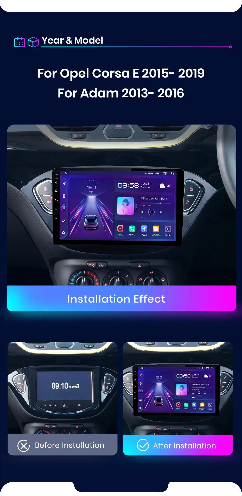 Junsun AI 4G LTE Kabelloses CarPlay Android Auto Autoradio für Opel Corsa E 2014 2015 2016 2017 2018 2019 GPS Navi BT DSP RDS FM – Detail 3