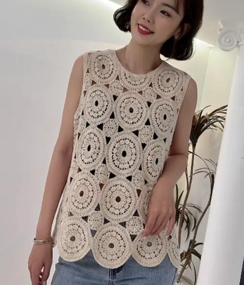 Summer seaside vacation hollow out lace tanks women embroidered vest women\'s pink hole tops