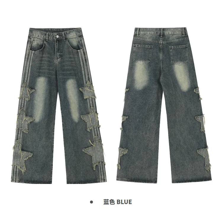 อเมริกัน High Street Star Patch กางเกงยีนส์ผู้ชายฤดูร้อนใหม่หลวมตรง Draped แฟชั่นแบรนด์ขากว้างกางเกงกางเกงยีนส์ผู้ชาย