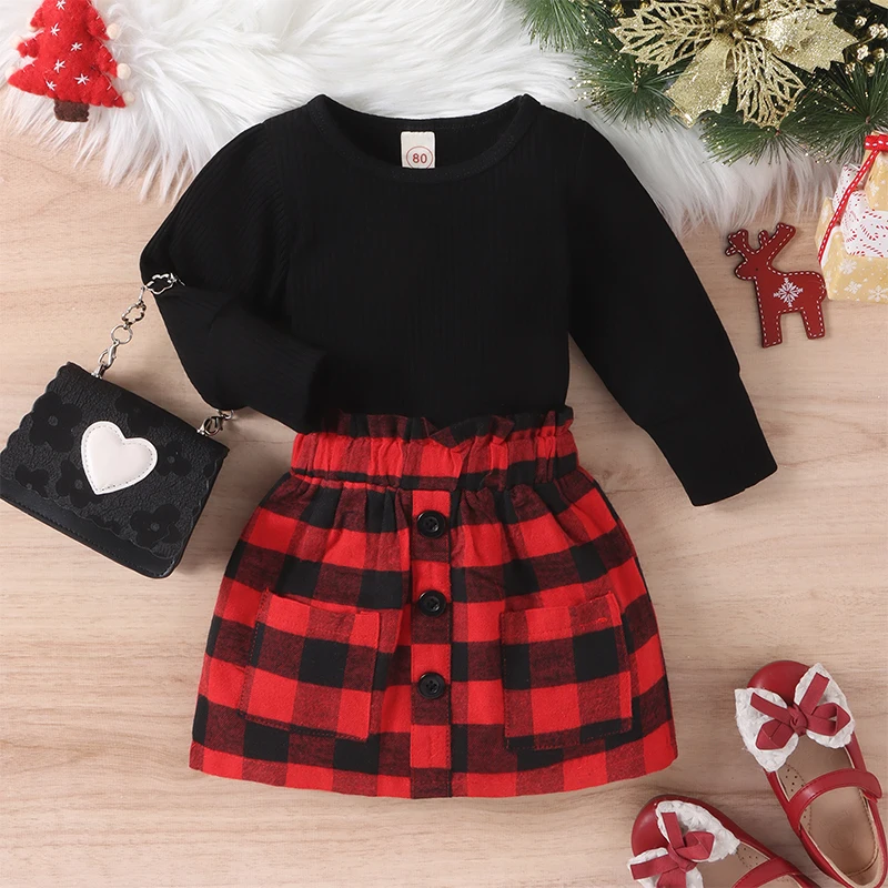 2-7 Years Auutumn Kids Girls Christmas Clothes Sets Long Sleeve Solid Tops Plaid Skirt Toddler Baby Girl Clothes Party Clothing