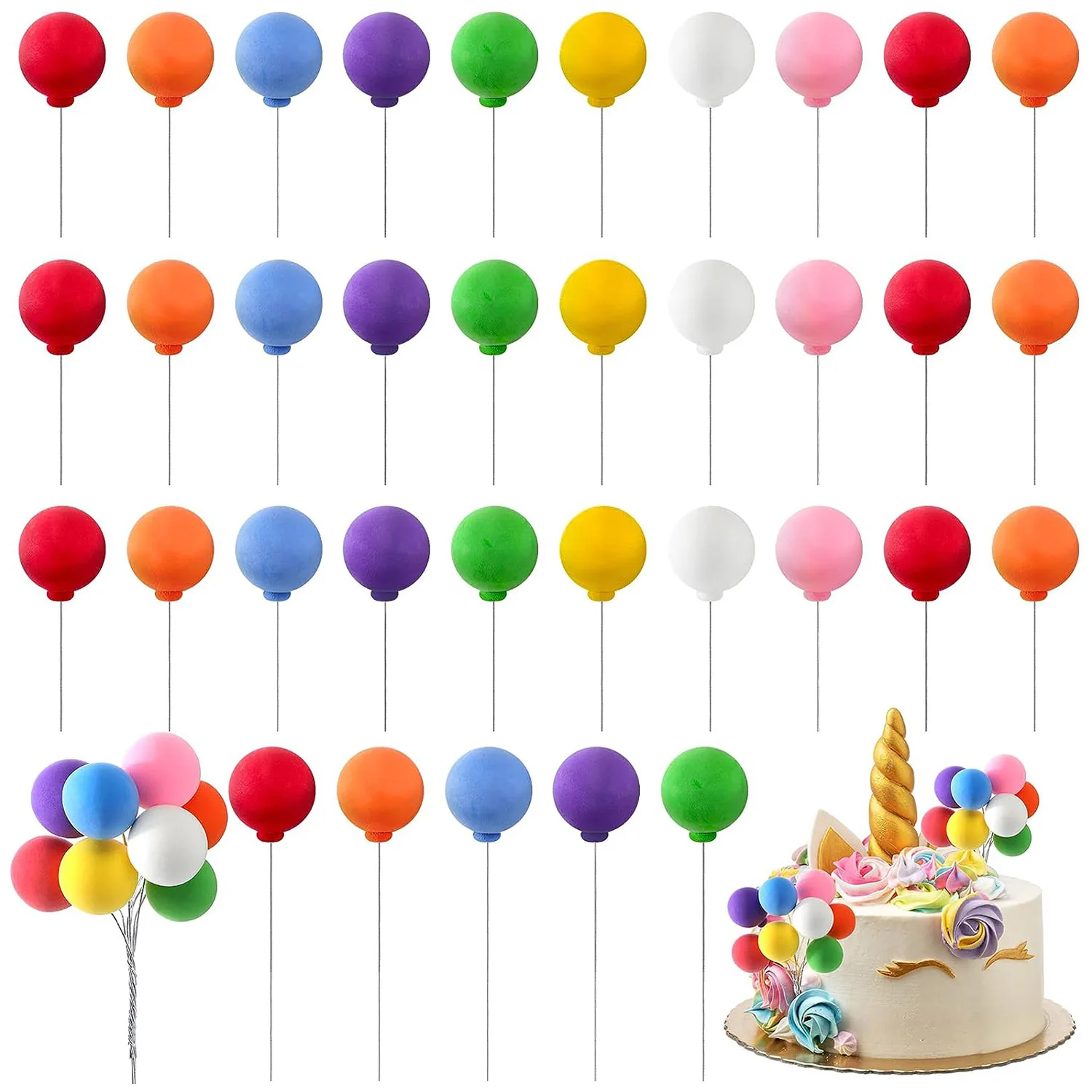 40 Pieces Mini Balloon Cake Toppers Colorful Rainbow Cake Topper Round Clay Balls Cupcake Toppers for Rainbow Unicorn Birthday