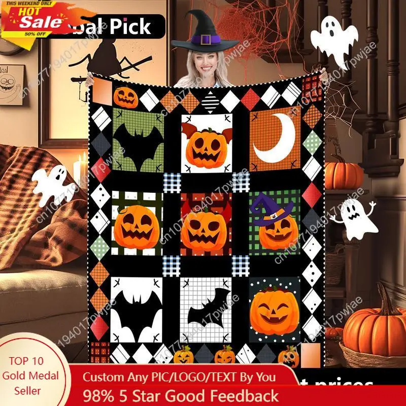 

Comfortable Vintage Halloween Flannel Blanket - 51x59-inch Soft Checked Pattern with Pumpkin, Bat and Moon Design | All Seasons,