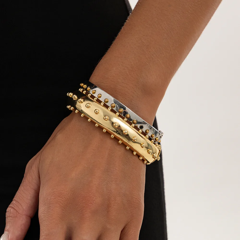 KunJoe 2 pcs/set Punk Glossy Metal Particles Layered Stacked Bracelets Women Retro Geometric Circle Cuff Spring Bangles Jewelry