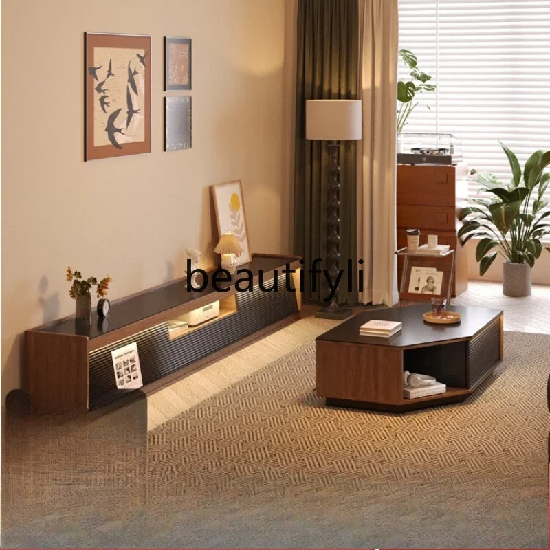 

TV Cabinet Living Room Household Floor Cabinet Solid Wood Walnut Medieval Coffee Table Combination Slate TV Floor Cabinet
