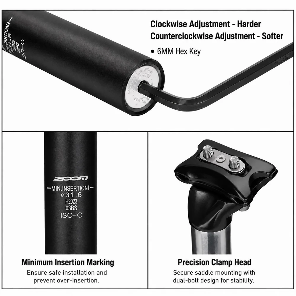 ZOOM Fahrrad-Federsattelstütze 27,2mm X 350mm Schwarz Aluminiumlegierung Stoßdämpfende Sattelstütze für MTB Mountainbike – Detail 3