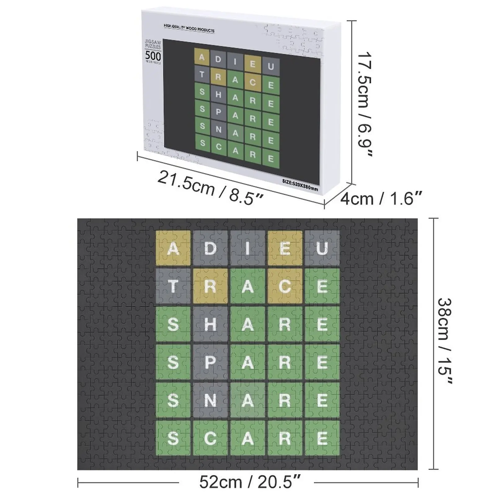 Desfrute com o jogo de quebra-cabeça Wordle - Adieu, Trace, Share, Spare, Snare, Assustar Quebra-cabeça Presentes personalizados Quebra-cabeça personalizado