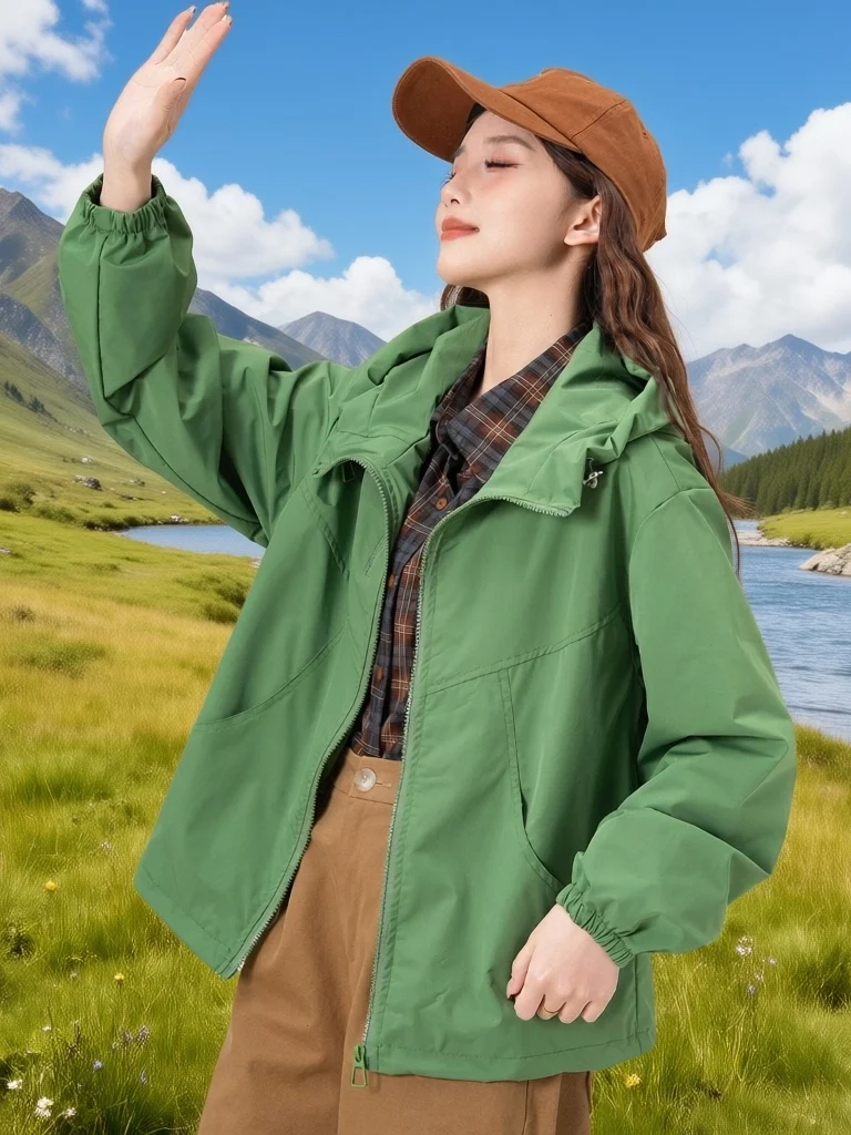 Women's Short Loose Fit Jacket Double Layer Fashionable Hooded Thin Style Breathable Windproof Casual Zipper Decorated Coat
