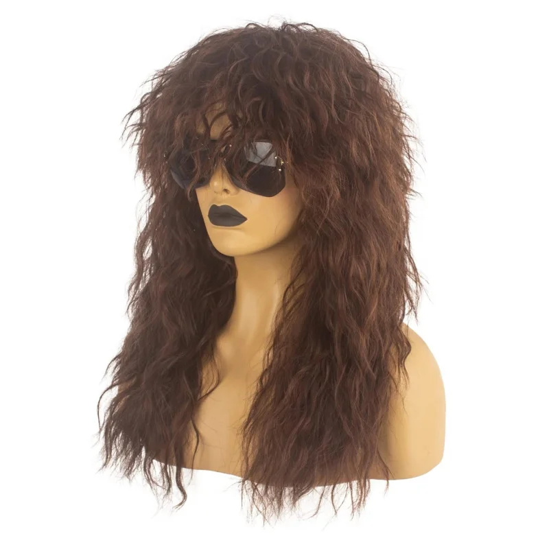 

80s Rock Mullet Long Brown Curly Synthetic Wig – for Men & Women, Halloween, Cosplay & Party
