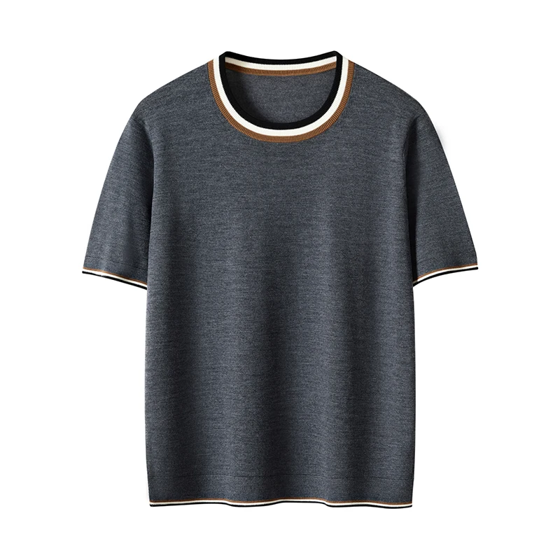 100% Nerino Sweater Summer Men's O-neck Pullover Short Sleeve Loose Contrast Color Top Knitted Clothing Plus size T-shirt