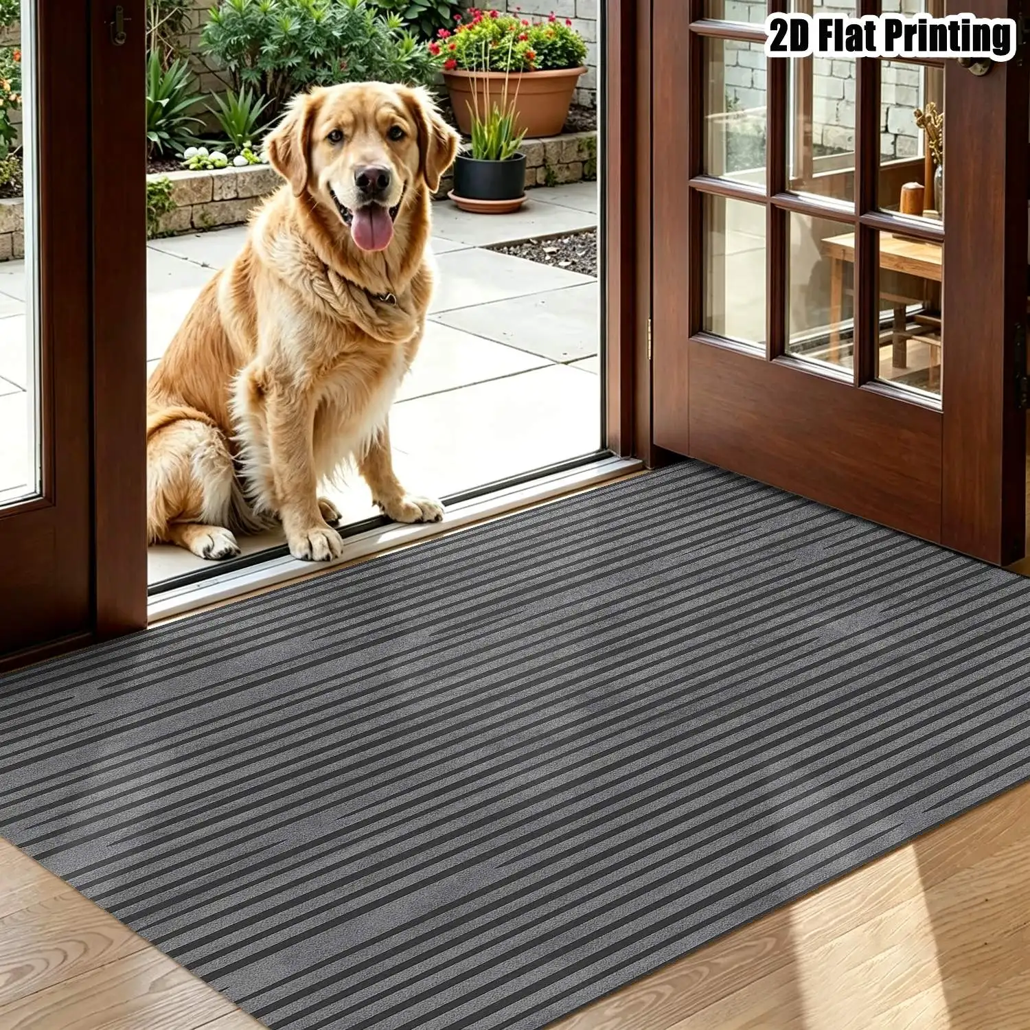 1Pc 2D Printed Gray-Black Striped Nordic/Instagram Style Modern Minimalist Geometric Striped Carpet, Home Decor Floor Mat, Multiple Sizes, Machine Washable, for Entrance, Dining Room, Foyer, Bedroom, Living Room