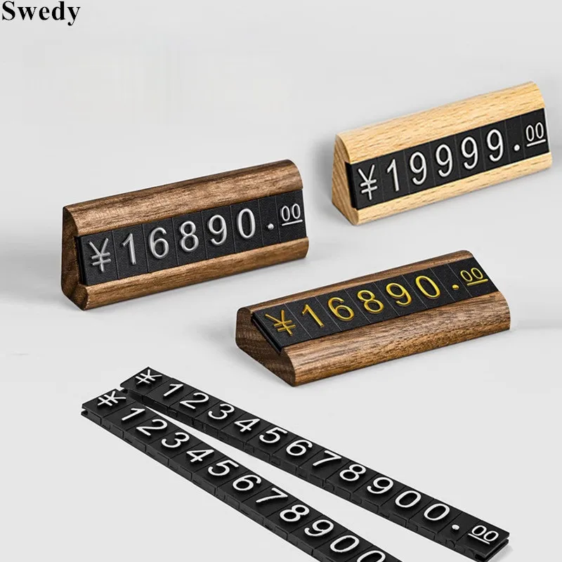 Wood Base Adjustable Number Price Label Sign Holder Display Stand Dollar Eur Symbol Mini Watch Jewelry Price Cube Tags