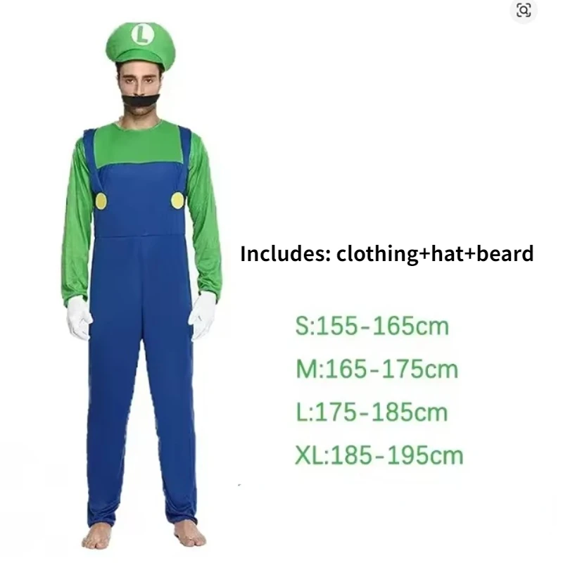 Anime Game Super Luigi Cosplay Costume Adult jumpsuit hat and beard set Halloween party cospaly Costume - Image 3