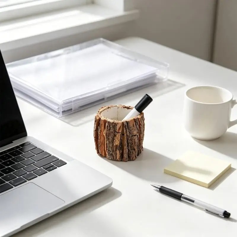 31BA Natural Texture Desk Pen Organiser for Pencils Markers and Floral Styling